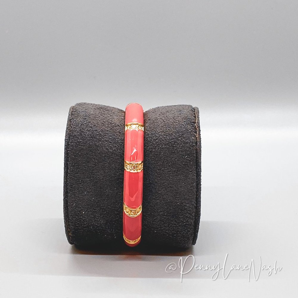 Vintage Pink With Gold Stripes Enamel Bangle Bracelet - Picture 2 of 5